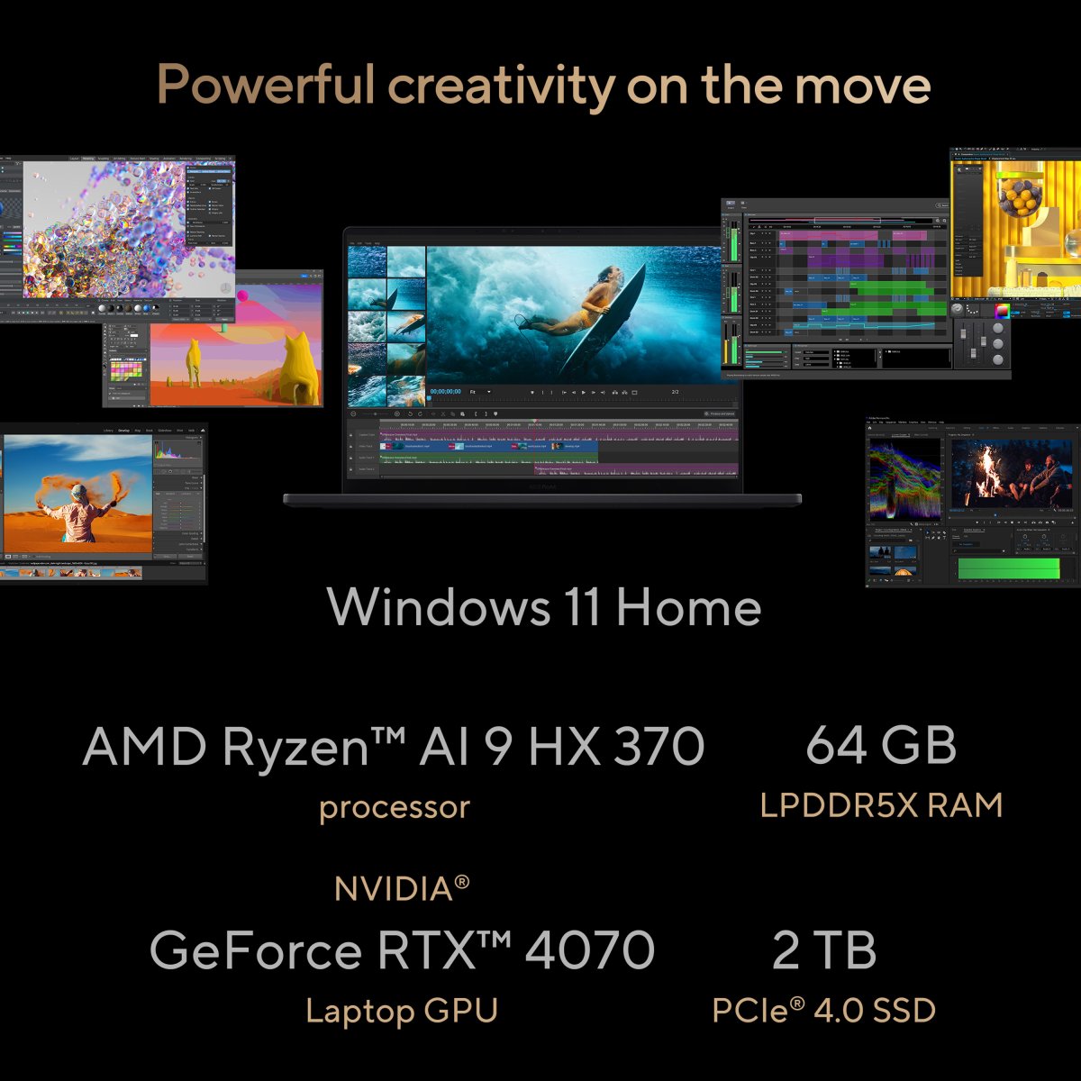 ASUS ProArt P16 H7606WI-ME026W AMD Ryzen AI 9 HX 370 Laptop 40.6 cm (16") Touchscreen WQUXGA 64 GB LPDDR5x-SDRAM 2 TB SSD NVIDIA GeForce RTX 4070 Wi-Fi 7 (802.11be) Windows 11 Home Black - Image 9