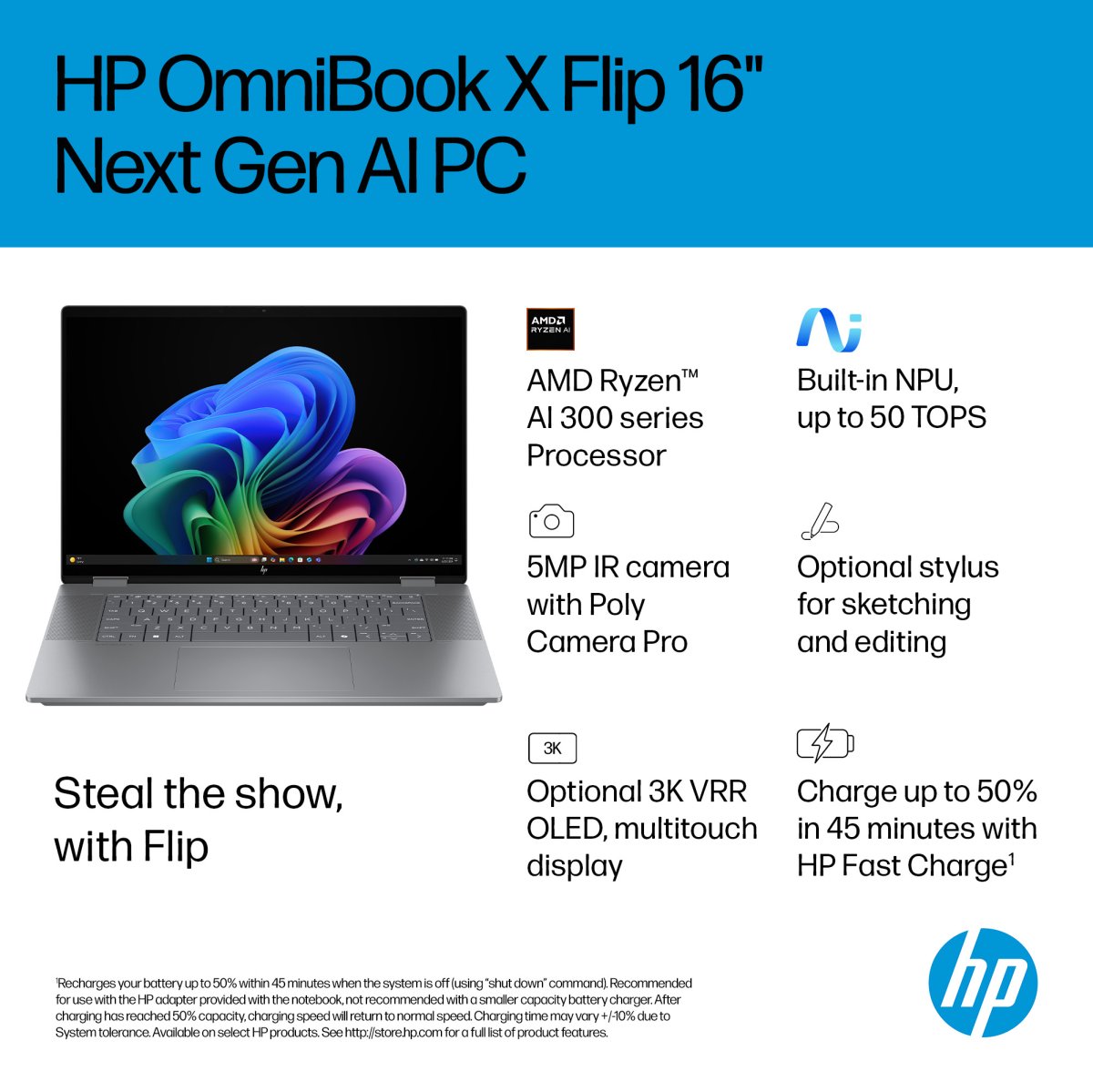 HP OmniBook X Flip 2-in-1 Laptop Next Gen AI 16-ar0000nax Copilot+ PC AMD Ryzen™ AI 5 340 40.6 cm (16") Touchscreen 2K 16 GB LPDDR5x-SDRAM 512 GB SSD Wi-Fi 6E (802.11ax) Windows 11 Home Silver - Image 3